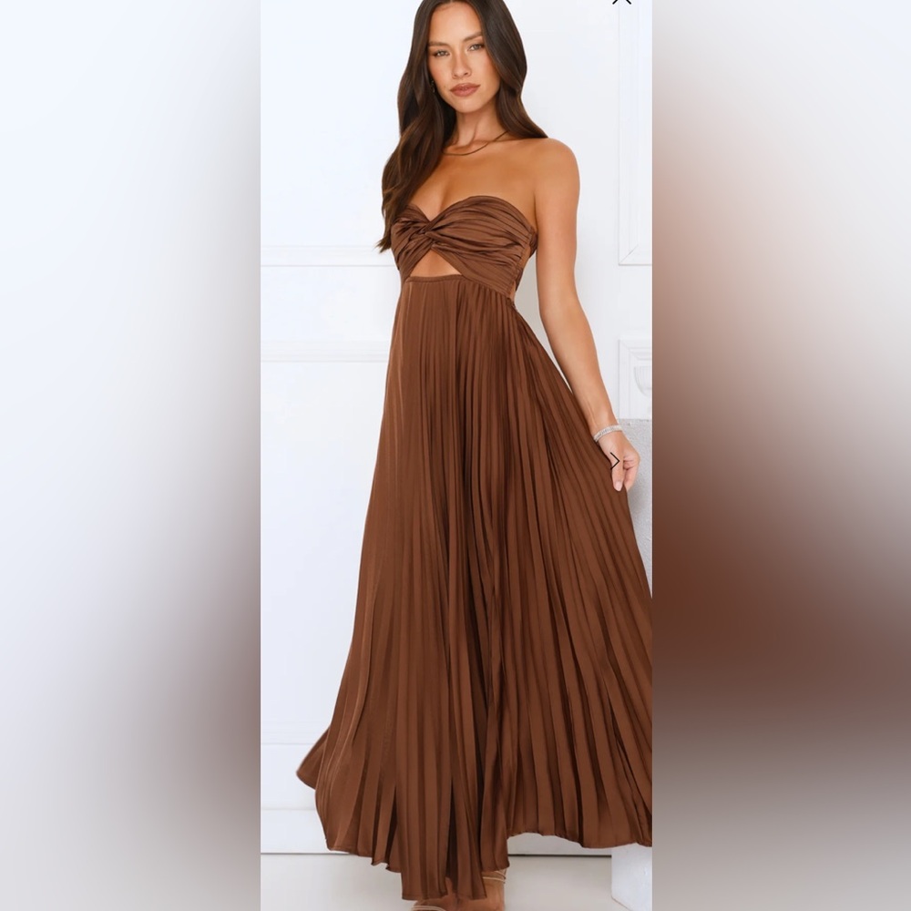 Hello Molly VIBES ARE PRICELESS STRAPLESS SATIN PLEATED MAXI DRESS BROWN- Size M